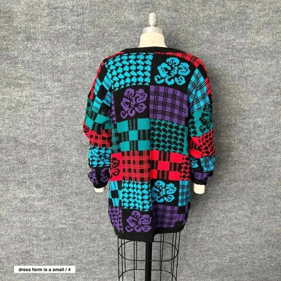 Vintage 80s Patchwork Sweater Womens M/L Colorful Relaxed Long Knit Pullover Top - Picture 2 of 15